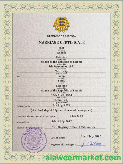 Estonia marriage certificate PSD template